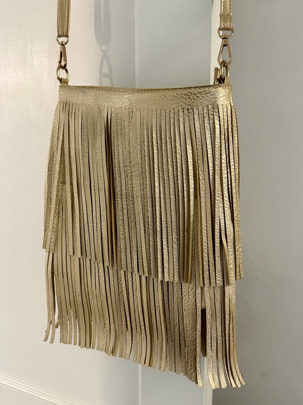 Fringed Crossbody Bag in Light Metallic Gold